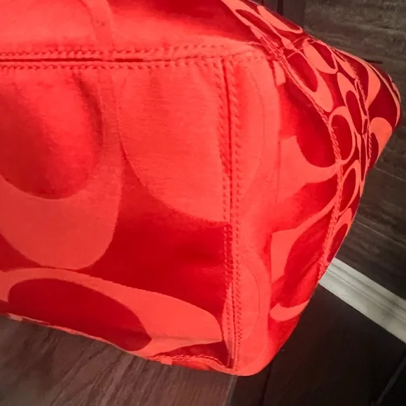 Coach Crimson Orange Signature Nylon ToteBag Leather Trim/Hangtag + Dust Bag 12” - Picture 8 of 16